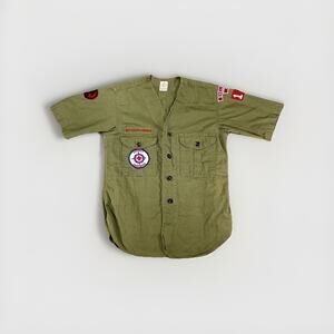 Boy Scouts of America Shirt Boys 12R Olive Green Vintage Uniform Shirt Badges